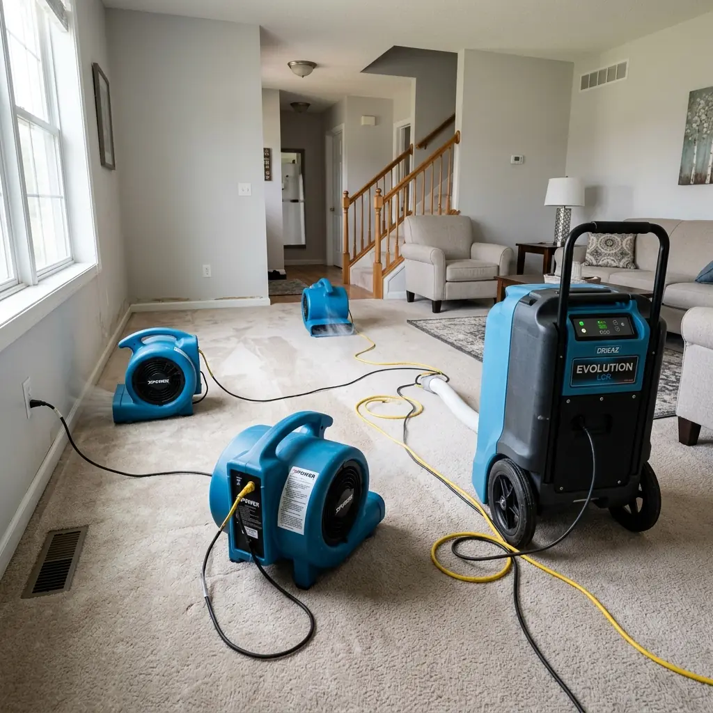 Dri-Eaz LGR dehumidifier and air movers drying a home after water damage in Lancaster