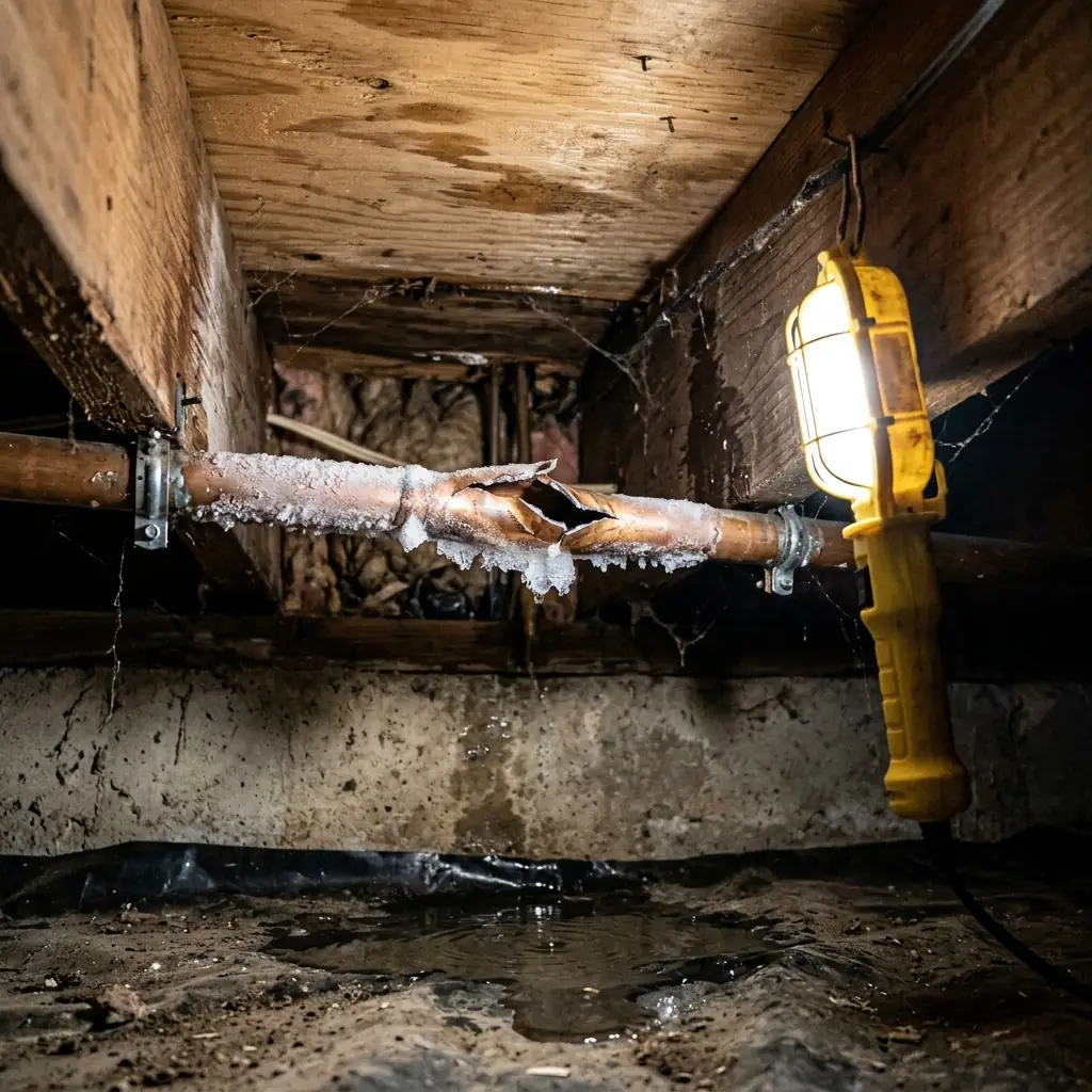 A frozen, burst copper pipe in a crawl space, a common winter risk in Lancaster