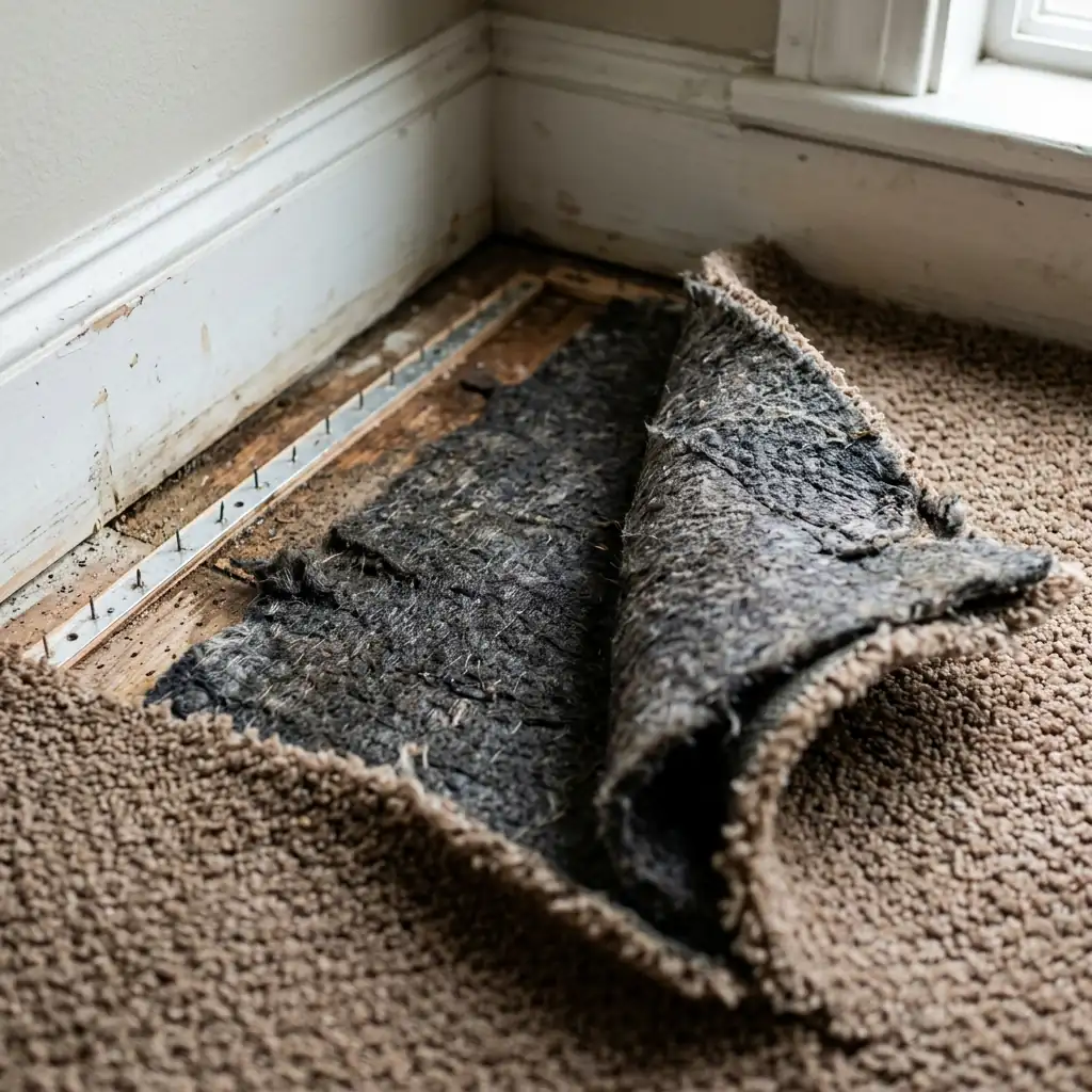 Water damaged carpet peeled back from the tack strip, illustrated in Lancaster