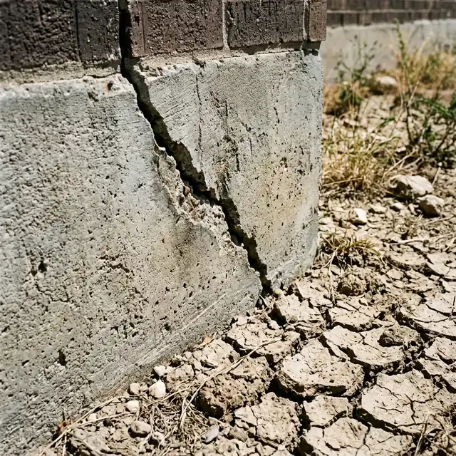 A slab foundation crack from clay soil movement, illustrated in Lancaster