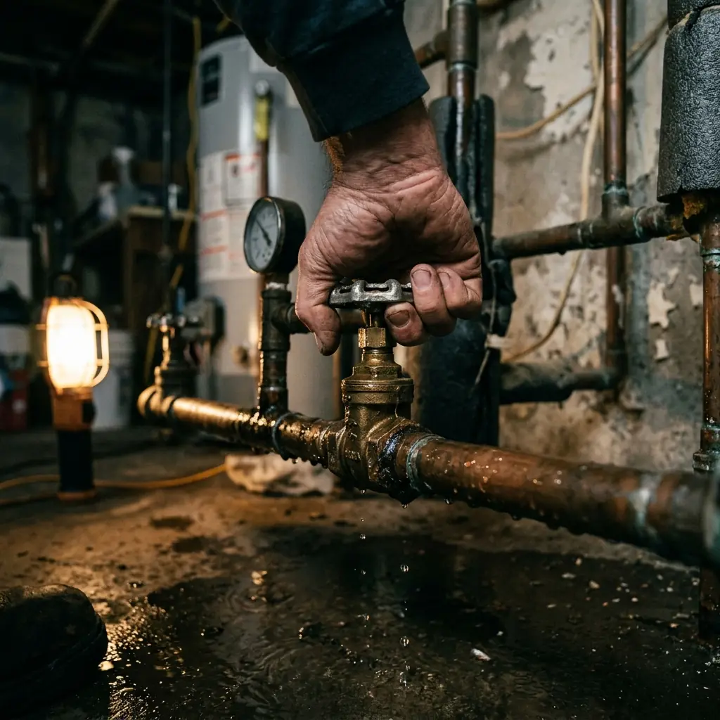 A hand shutting off a residential water valve during a water damage emergency in Lancaster