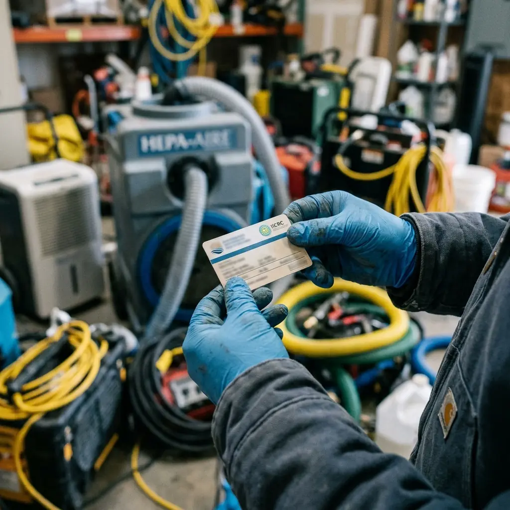 An IICRC certification card held by a restoration technician in Lancaster