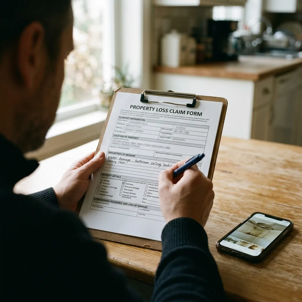 A homeowner filling out a water damage insurance claim form in Lancaster
