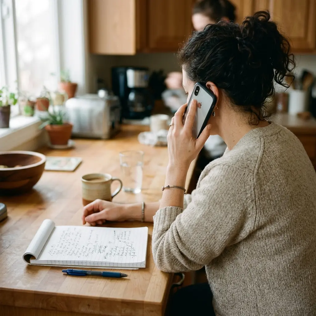 A homeowner taking notes on the phone before hiring a water damage contractor in Lancaster
