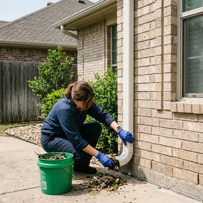 A homeowner clearing a gutter downspout as preventive maintenance in Lancaster