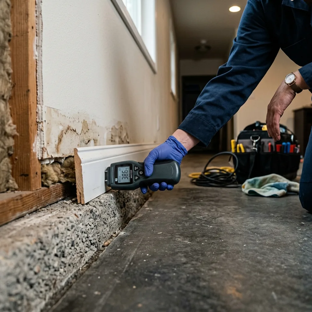 A technician checking a slab foundation edge for moisture in Lancaster