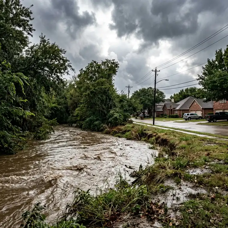 Ten Mile Creek running high after heavy rain near Lancaster, illustrating local flash-flood risk