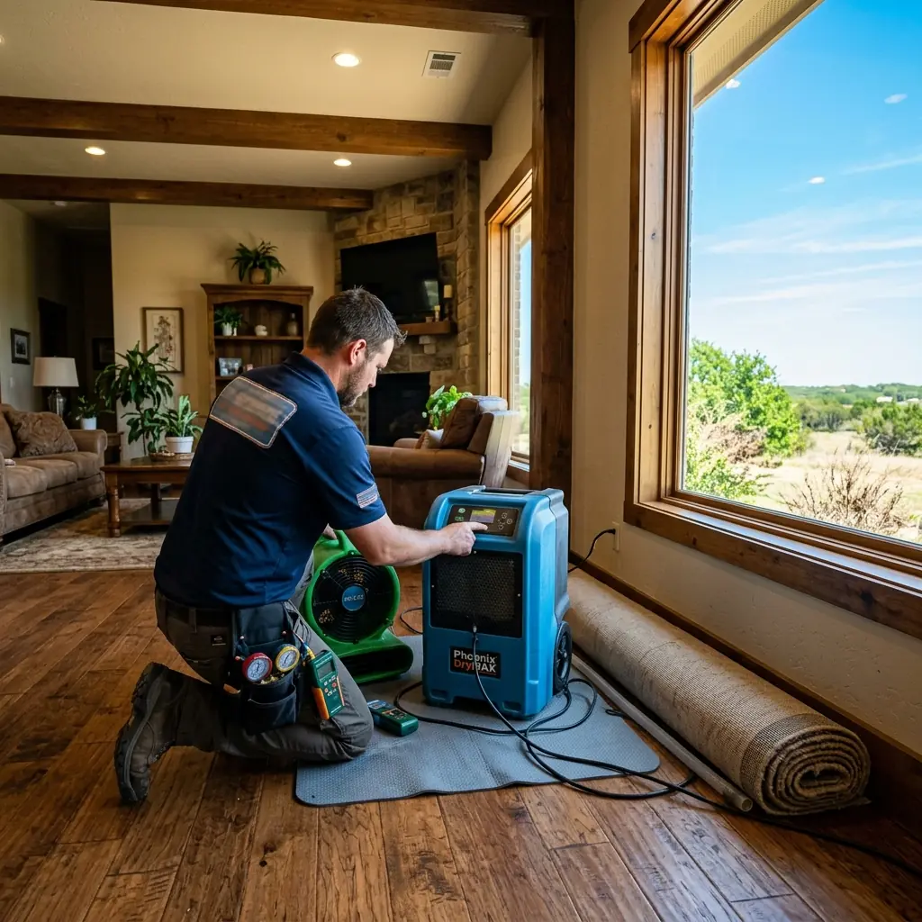 A water damage restoration technician setting up drying equipment in a North Texas home in Lancaster