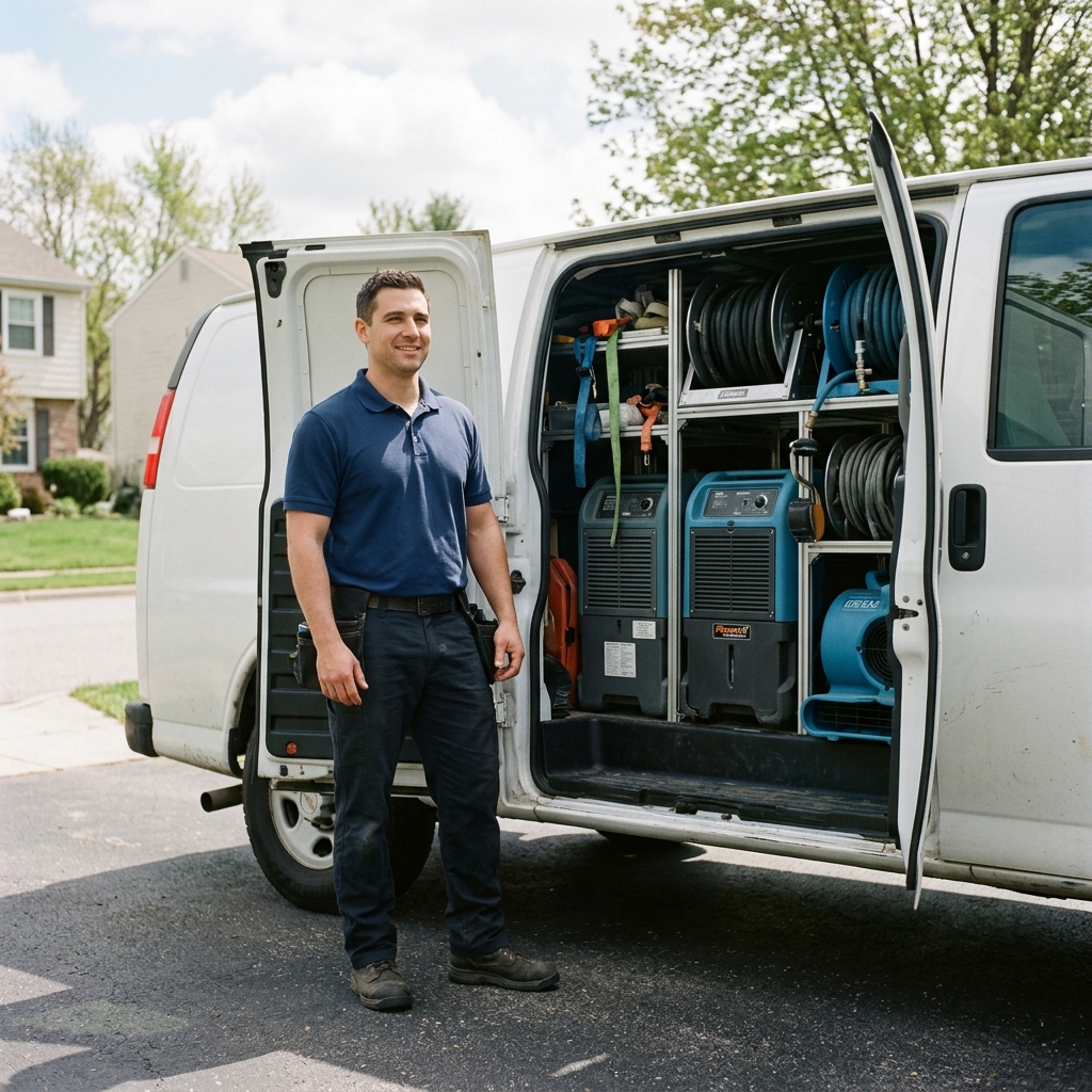 A water damage restoration technician in Lancaster, ready to respond with fully equipped service vehicles
