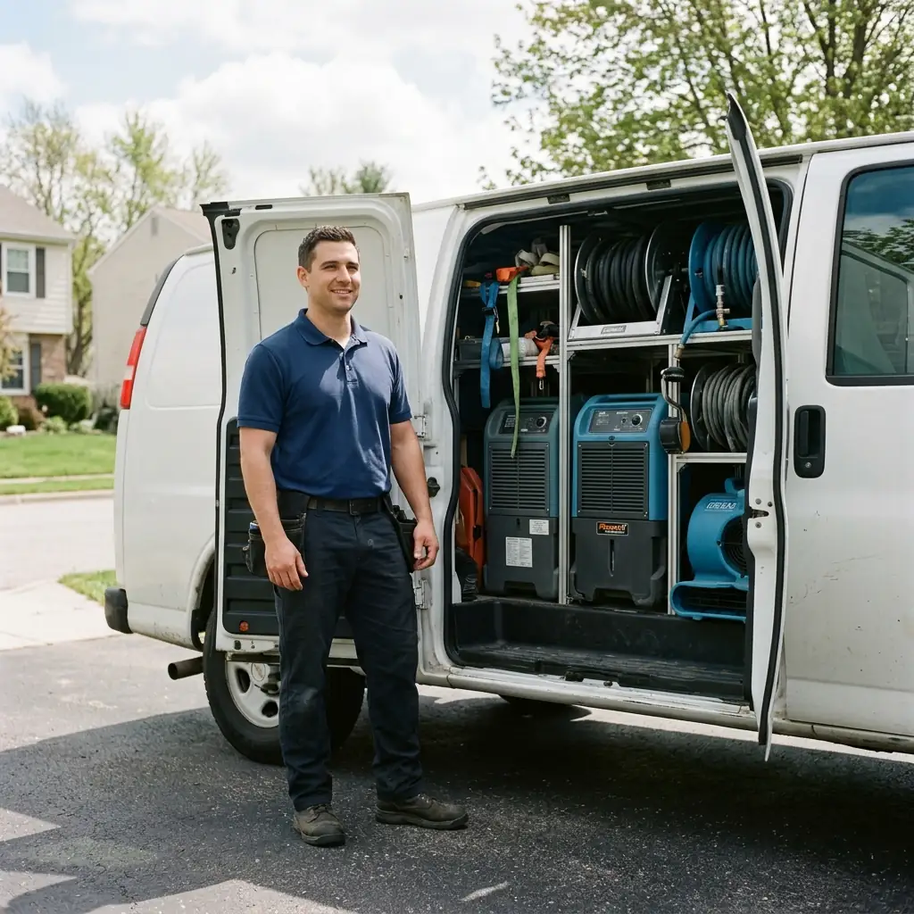 A water damage restoration technician in Lancaster, ready to respond with fully equipped service vehicles